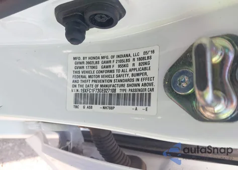 2016 Honda Civic Ex-L from USA, damaged, VIN 19XFC1F73GE027108